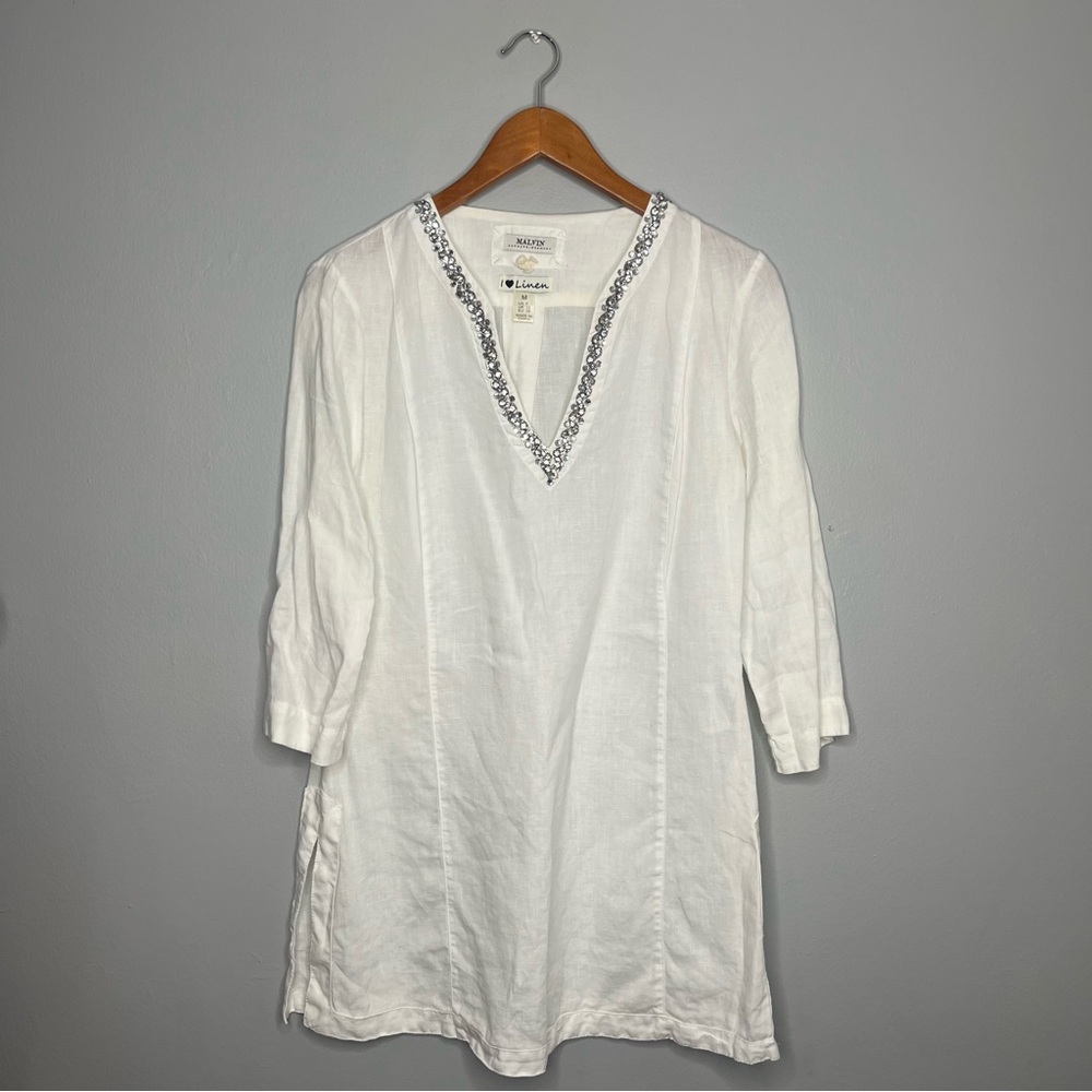 Malvin I Love Linen White Embellished VNeck Tunic Shirt Womens 3/4 Sleeve Top DD